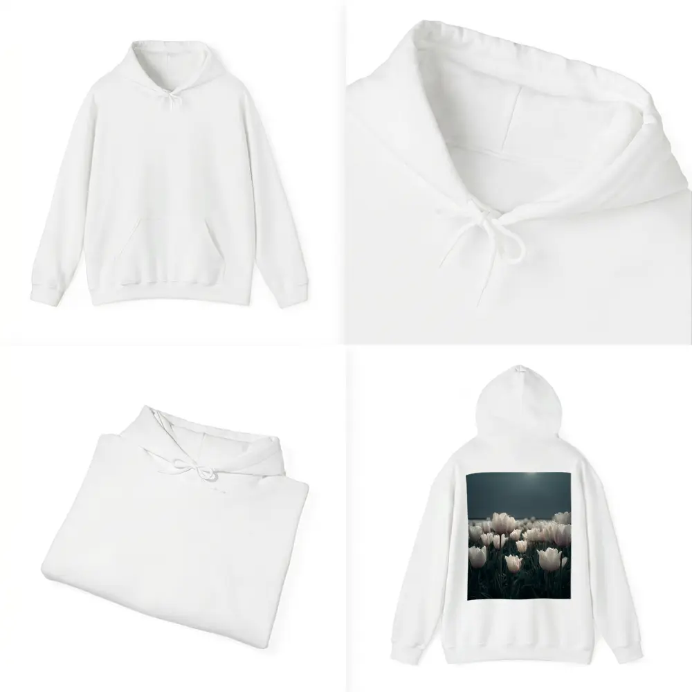 White Tulips Field Under Full Moon – Hoodies