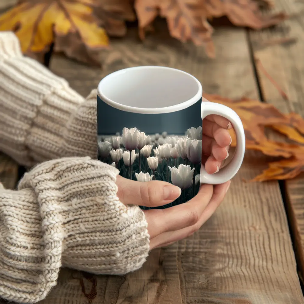White Tulips Field Under Full Moon – Mugs