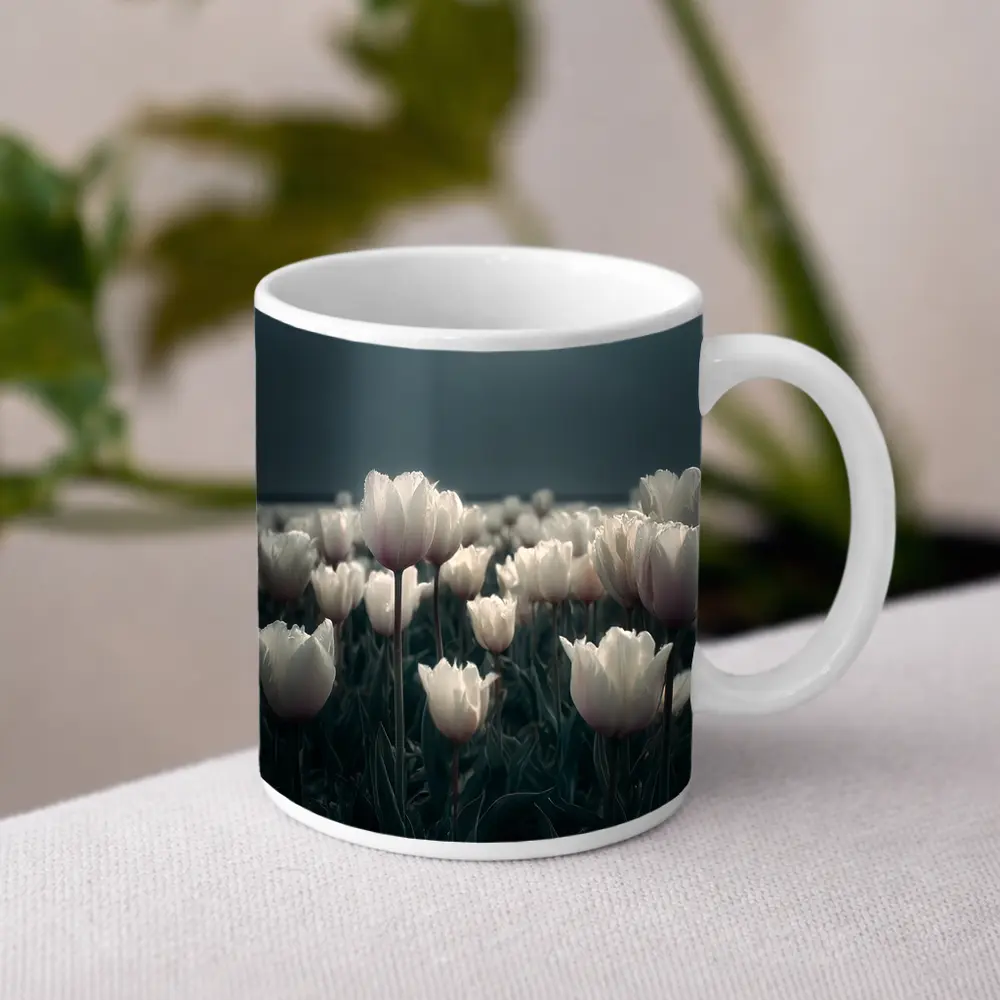 White Tulips Field Under Full Moon – Mugs