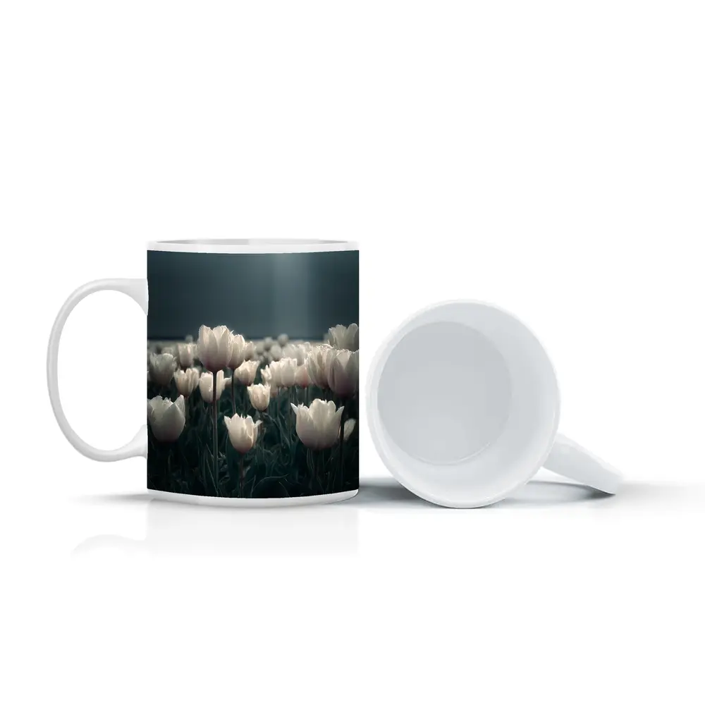 White Tulips Field Under Full Moon – Mugs