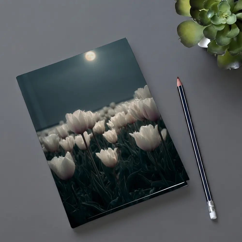 White Tulips Field Under Full Moon – Notebooks
