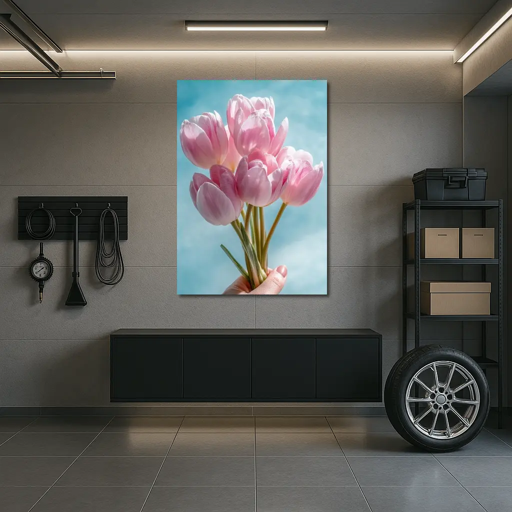 Pink Tulips Bouquet Against Blue Sky – Wall Art