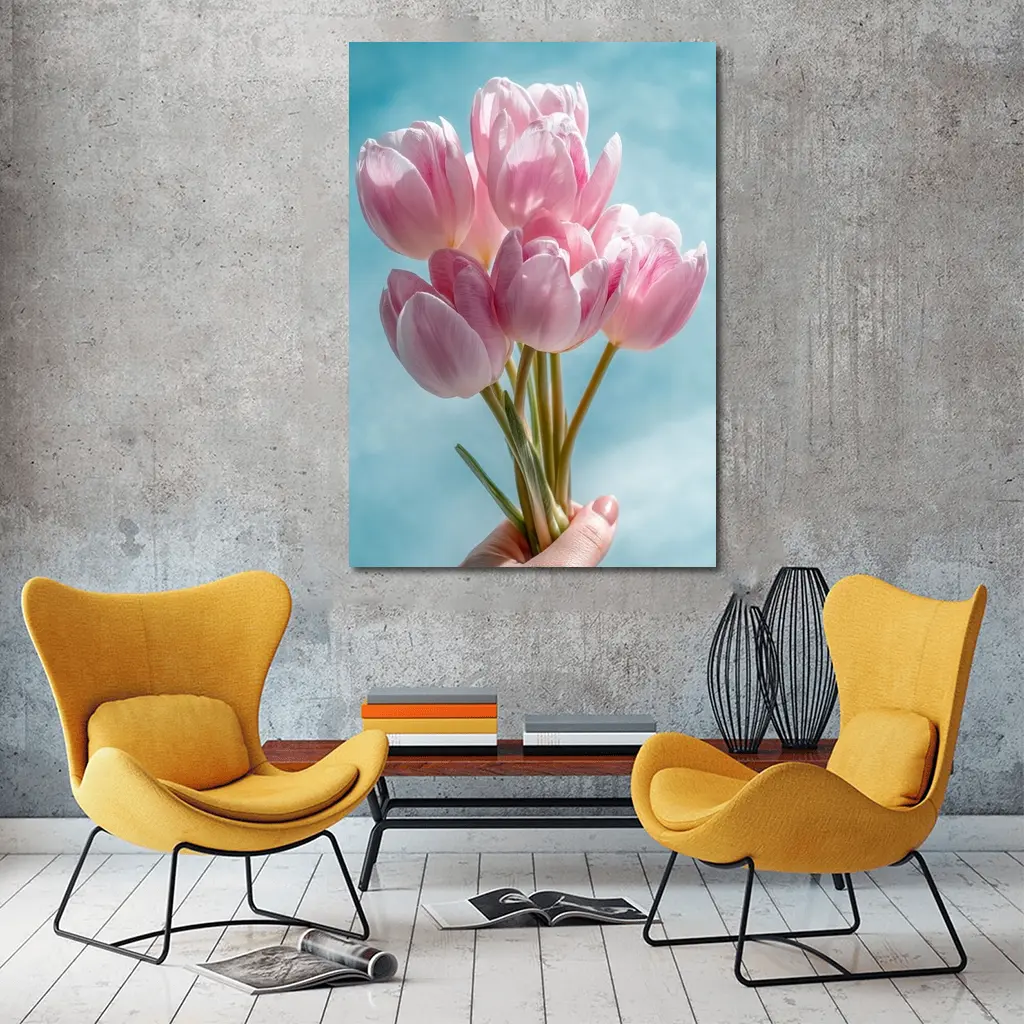 Pink Tulips Bouquet Against Blue Sky – Wall Art