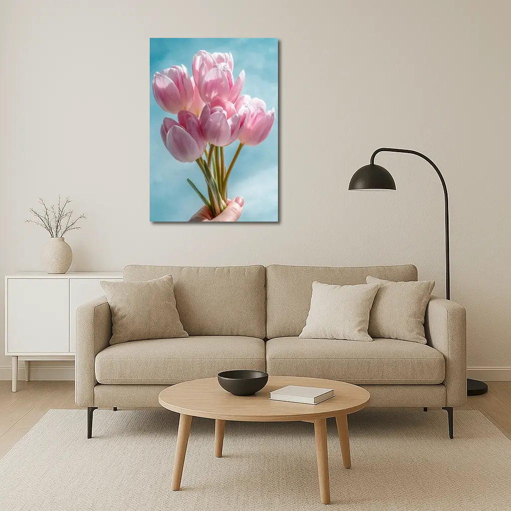 Pink Tulips Bouquet Against Blue Sky – Wall Art