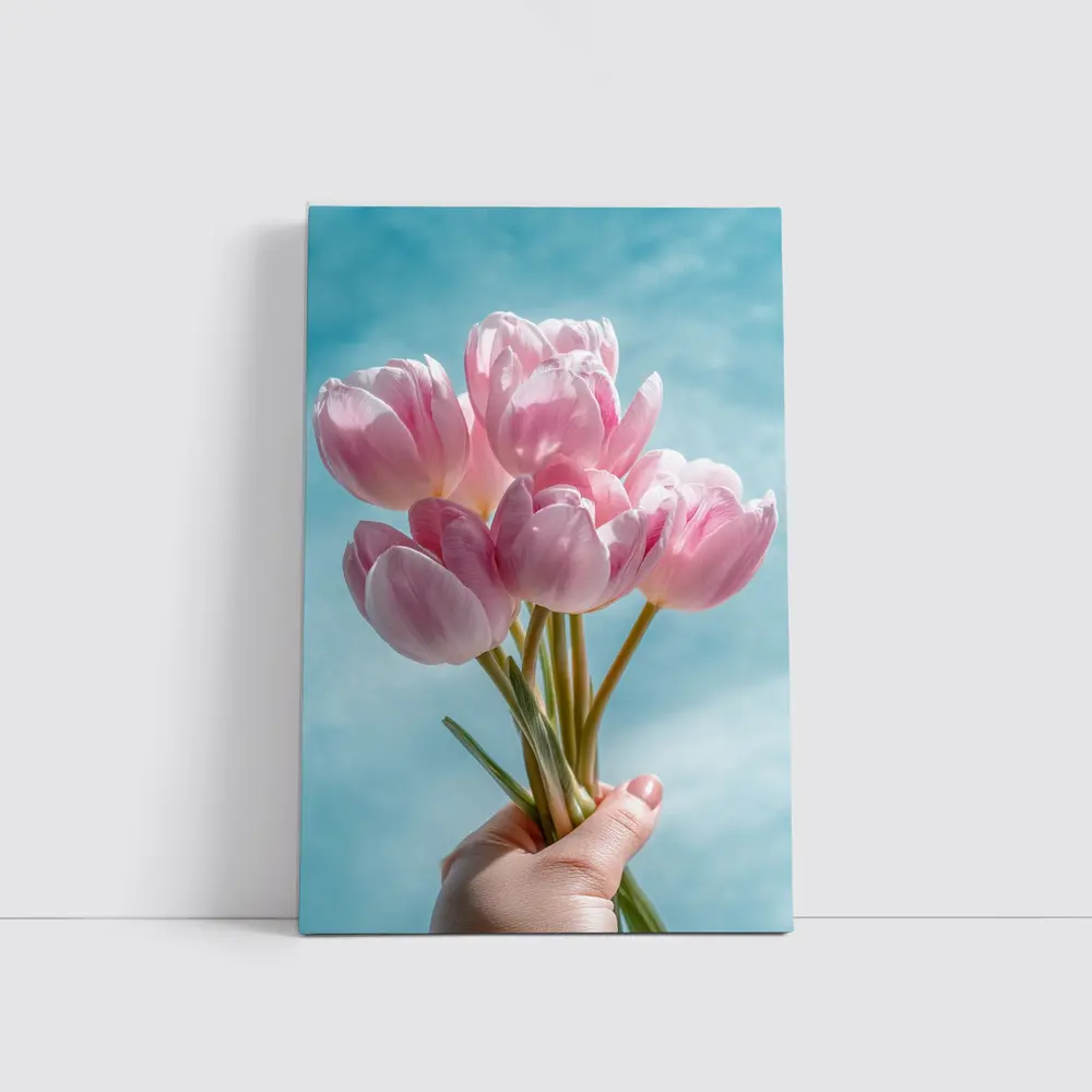 Pink Tulips Bouquet Against Blue Sky – Wall Art