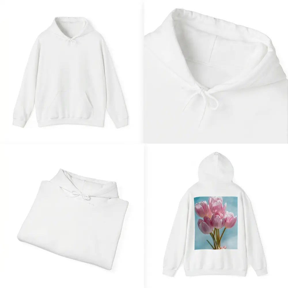 Pink Tulips Bouquet Against Blue Sky – Hoodies