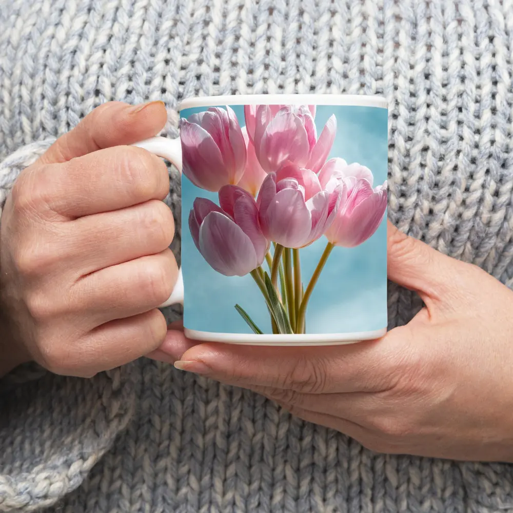 Pink Tulips Bouquet Against Blue Sky – Mugs