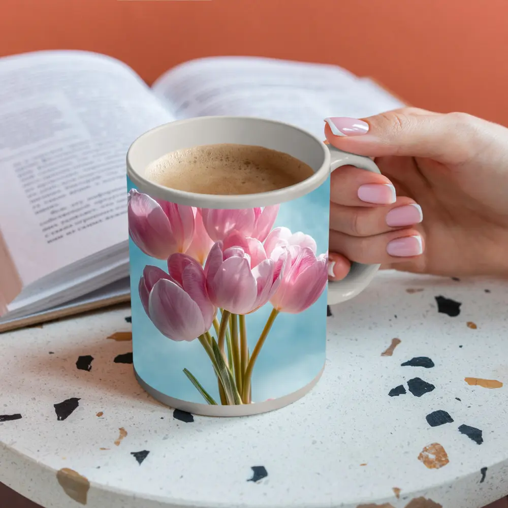 Pink Tulips Bouquet Against Blue Sky – Mugs