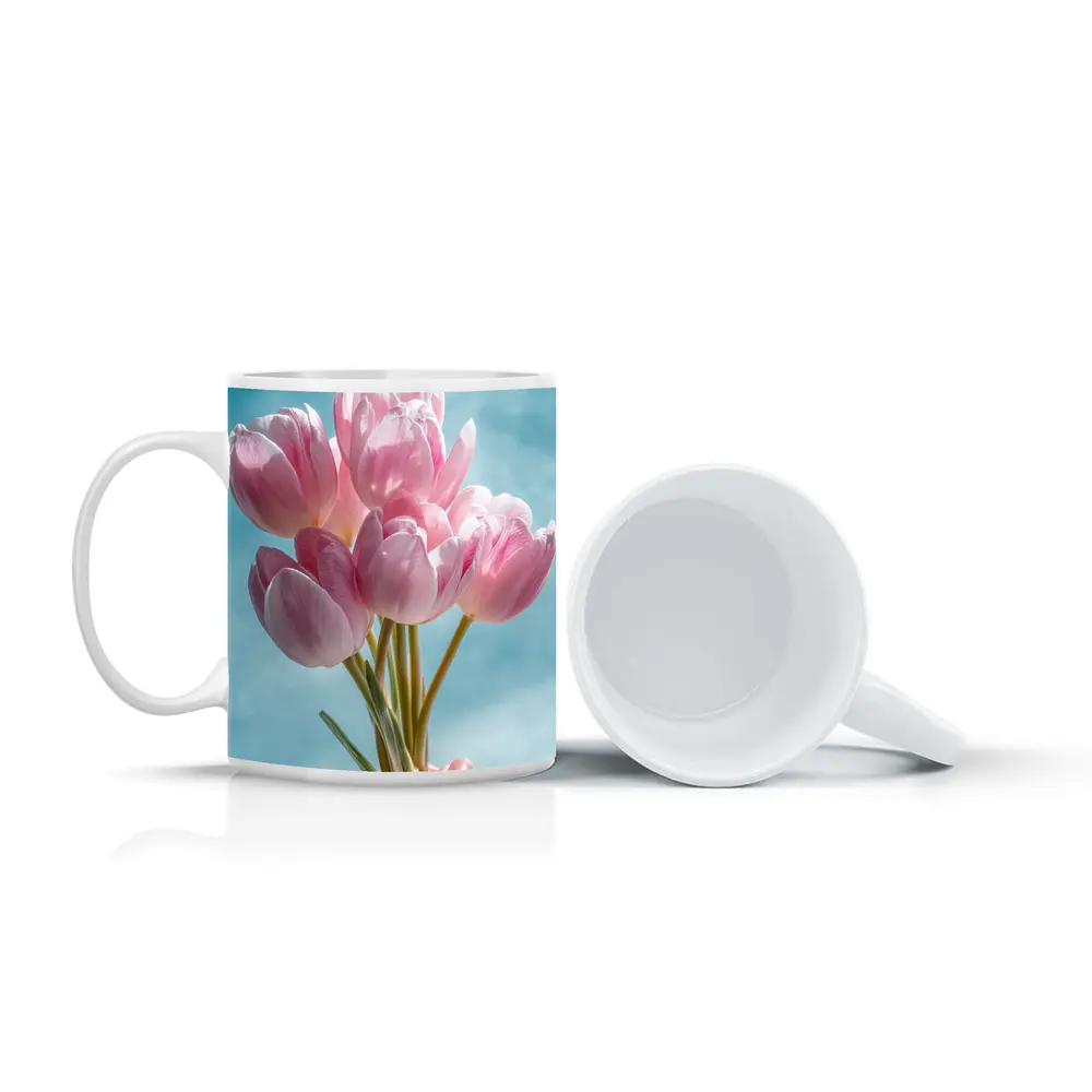 Pink Tulips Bouquet Against Blue Sky – Mugs