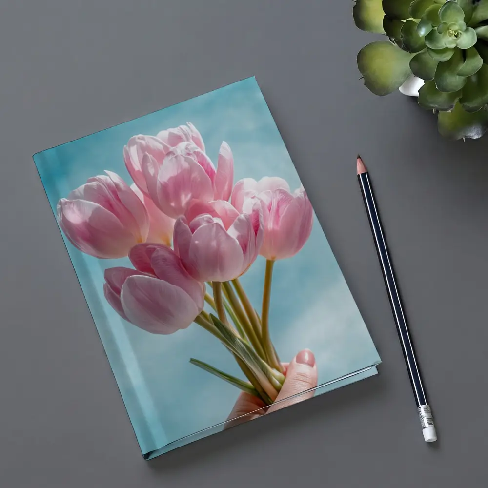 Pink Tulips Bouquet Against Blue Sky – Notebooks