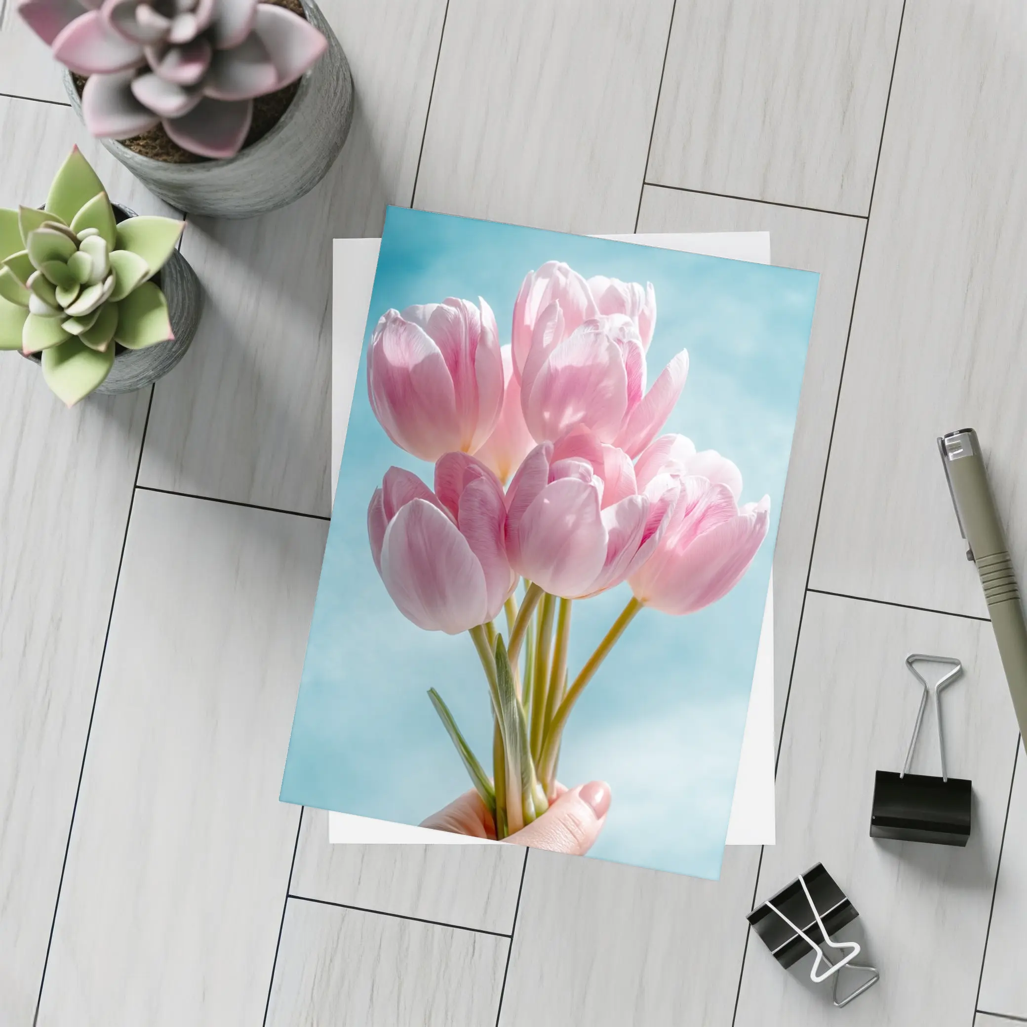 Pink Tulips Bouquet Against Blue Sky – Postcards