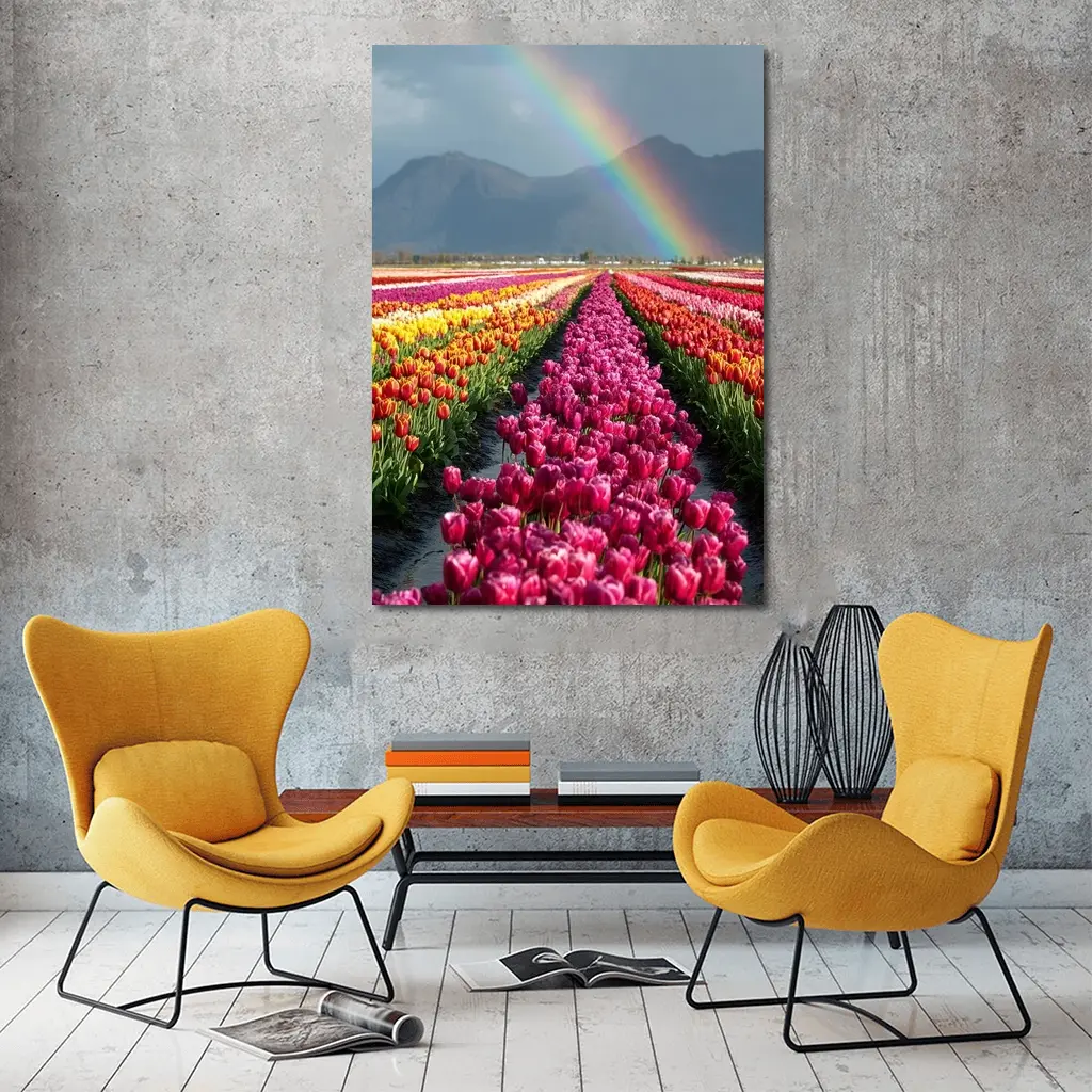 Tulip Field Rainbow Mountains Colorful Landscape – Wall Art