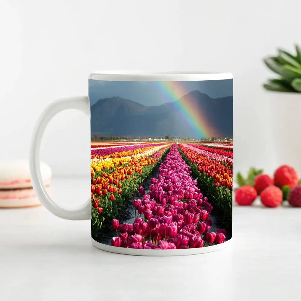 Tulip Field Rainbow Mountains Colorful Landscape – Mugs