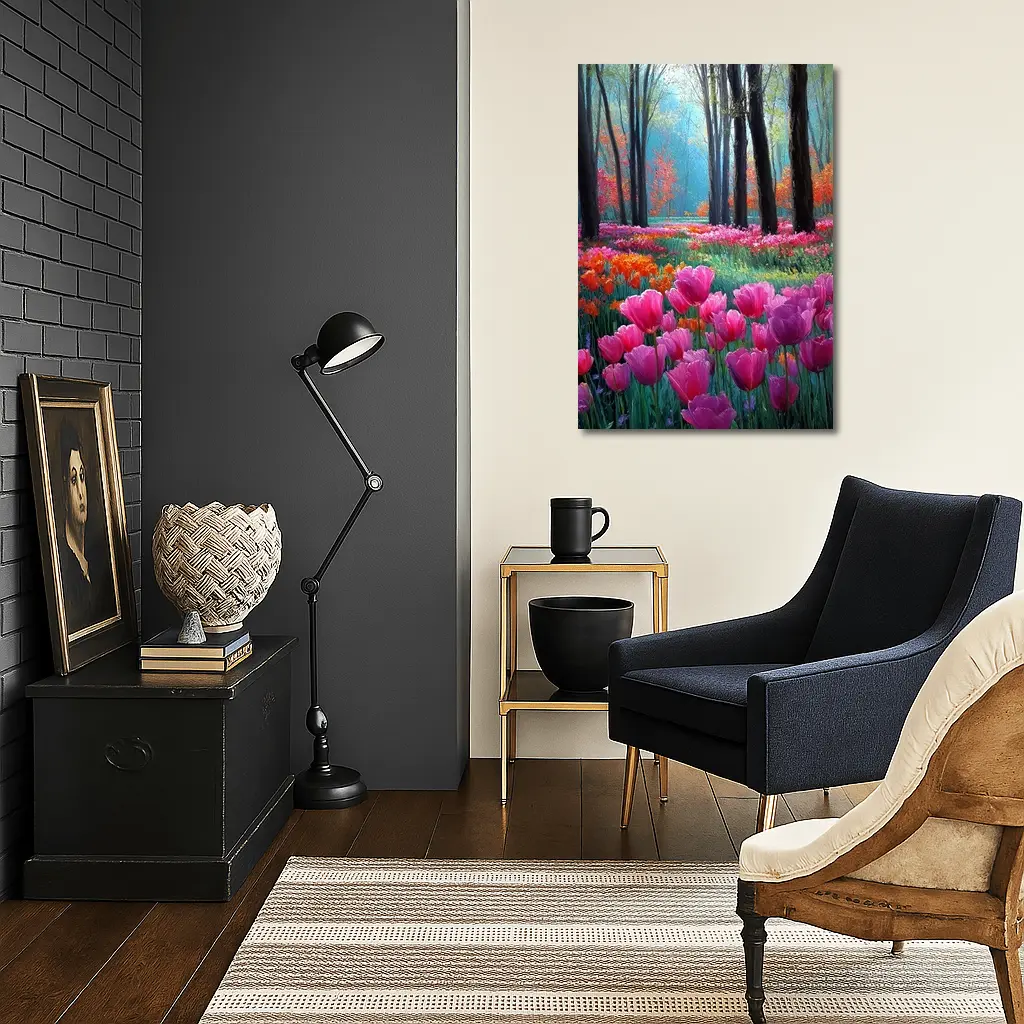 Pink Tulips Forest Path Oil Painting – Wall Art