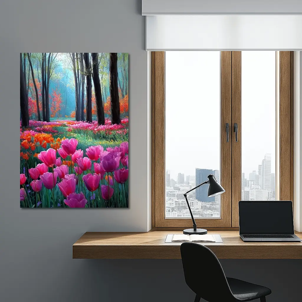 Pink Tulips Forest Path Oil Painting – Wall Art