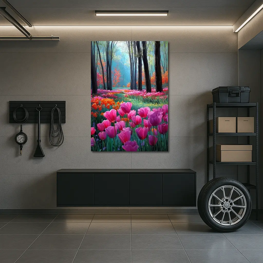 Pink Tulips Forest Path Oil Painting – Wall Art