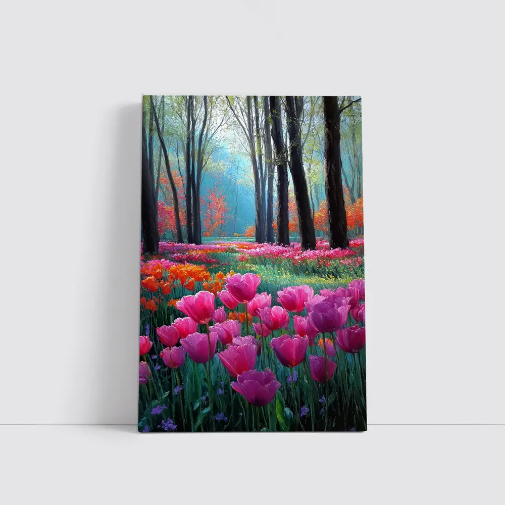 Pink Tulips Forest Path Oil Painting – Wall Art