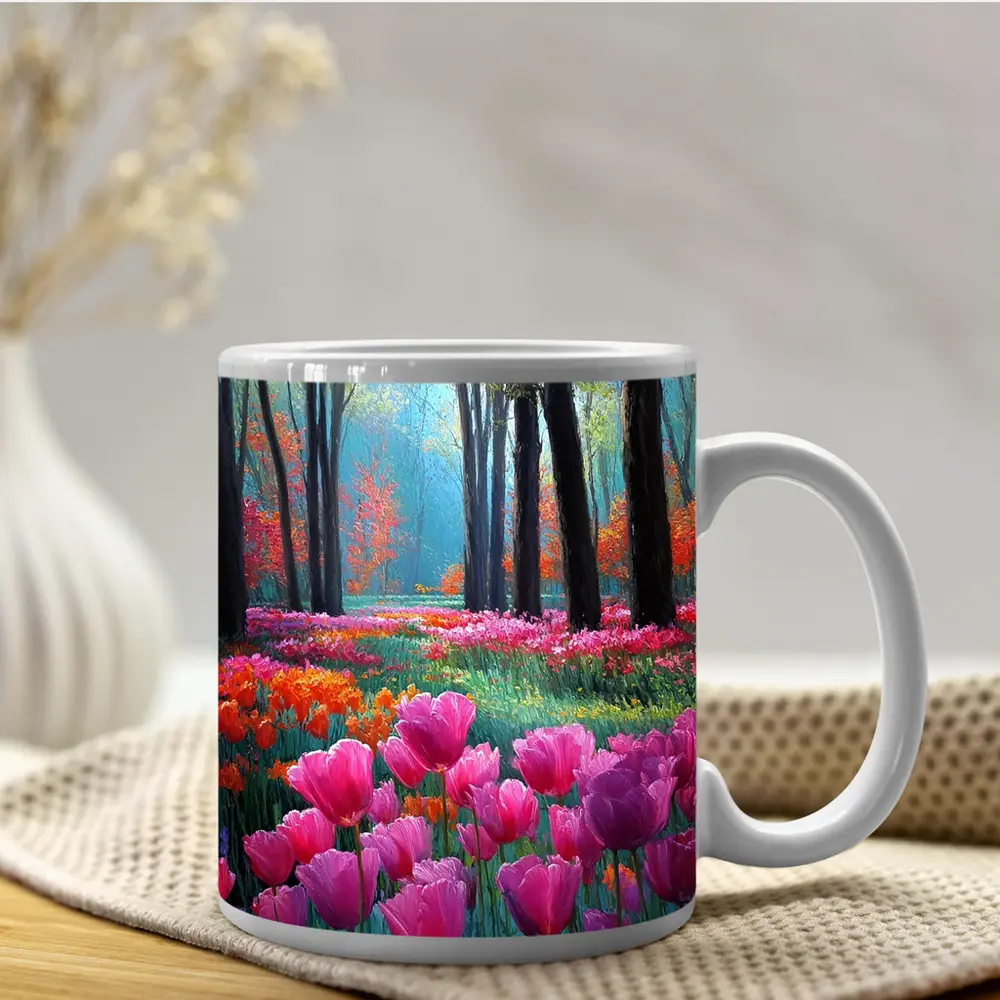 Pink Tulips Forest Path Oil Painting – Mugs