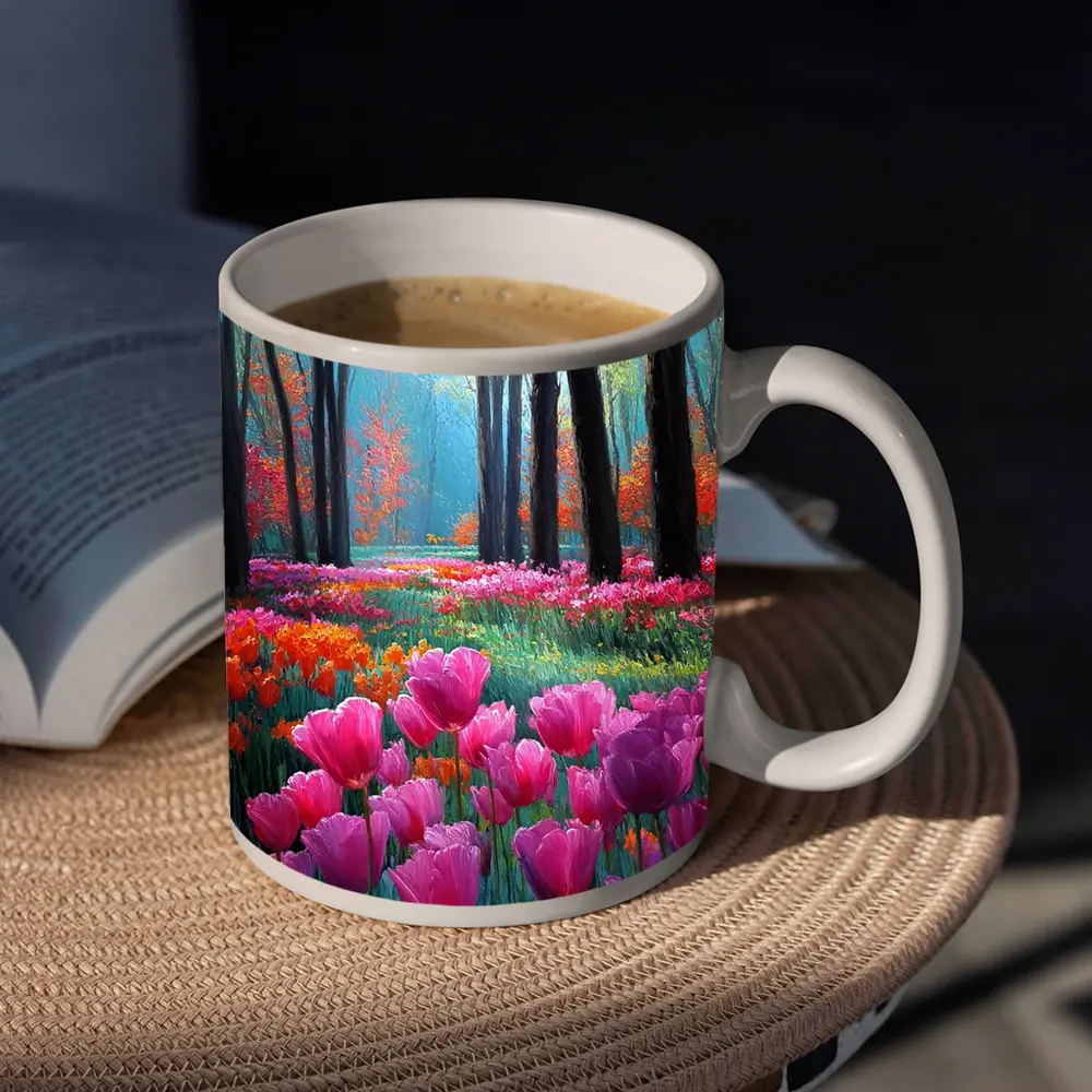 Pink Tulips Forest Path Oil Painting – Mugs
