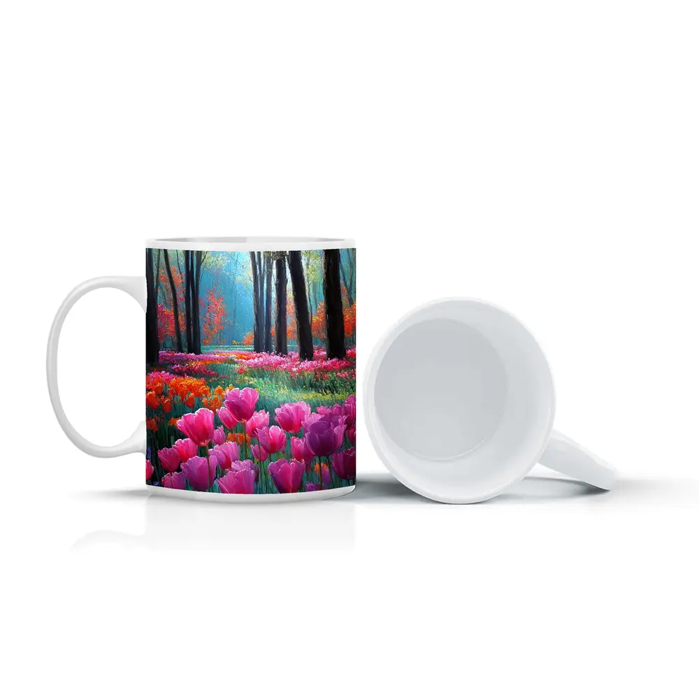 Pink Tulips Forest Path Oil Painting – Mugs