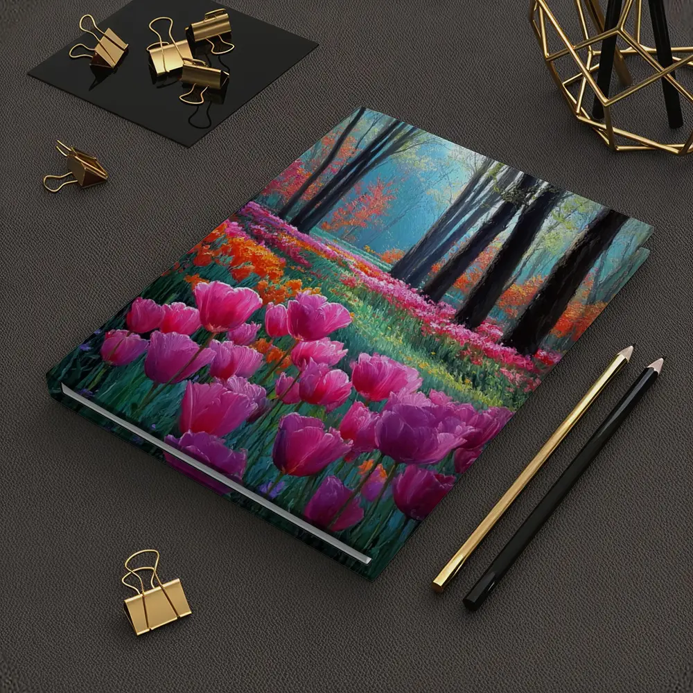 Pink Tulips Forest Path Oil Painting – Notebooks