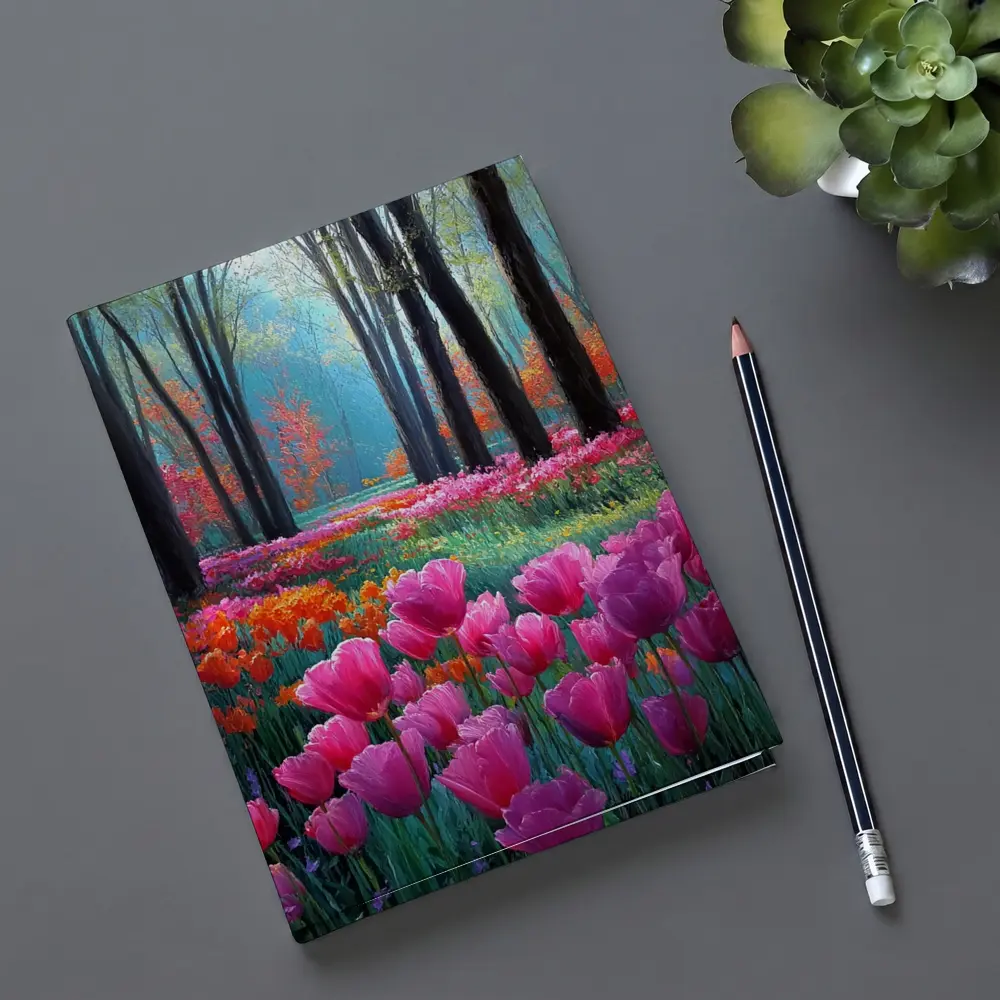 Pink Tulips Forest Path Oil Painting – Notebooks