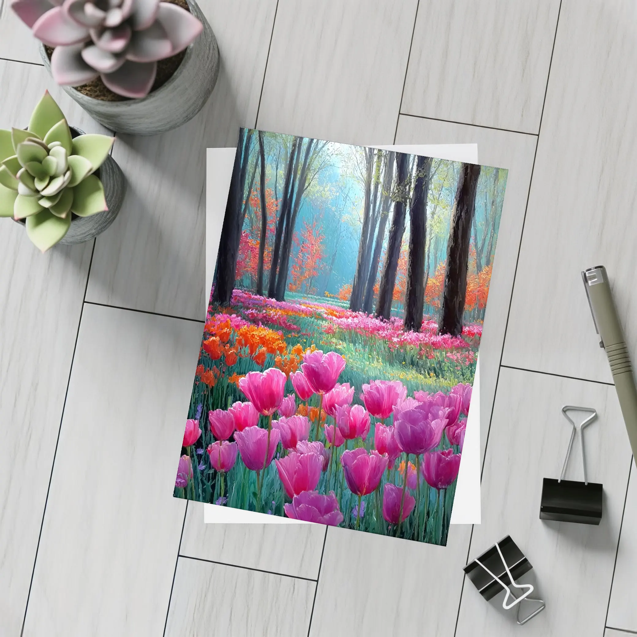 Pink Tulips Forest Path Oil Painting – Postcards