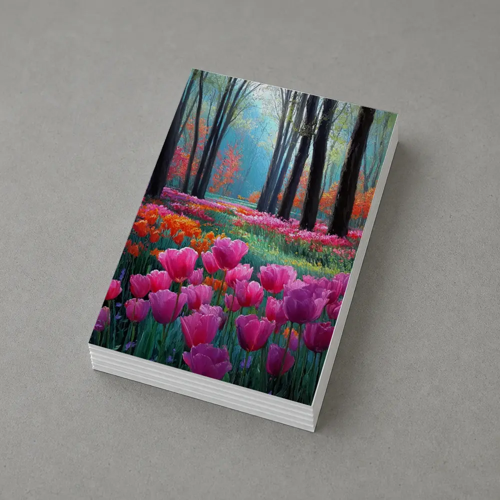 Pink Tulips Forest Path Oil Painting – Postcards