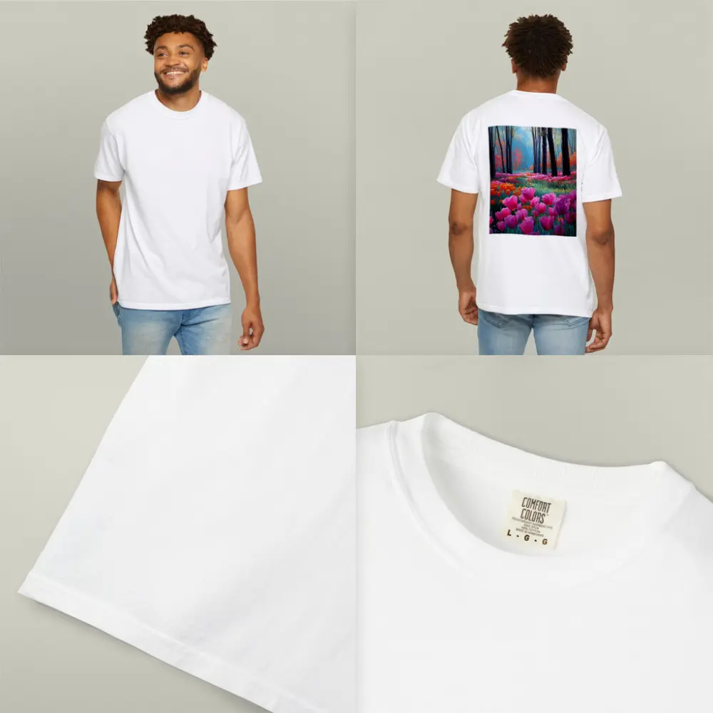 Pink Tulips Forest Path Oil Painting – T-Shirts