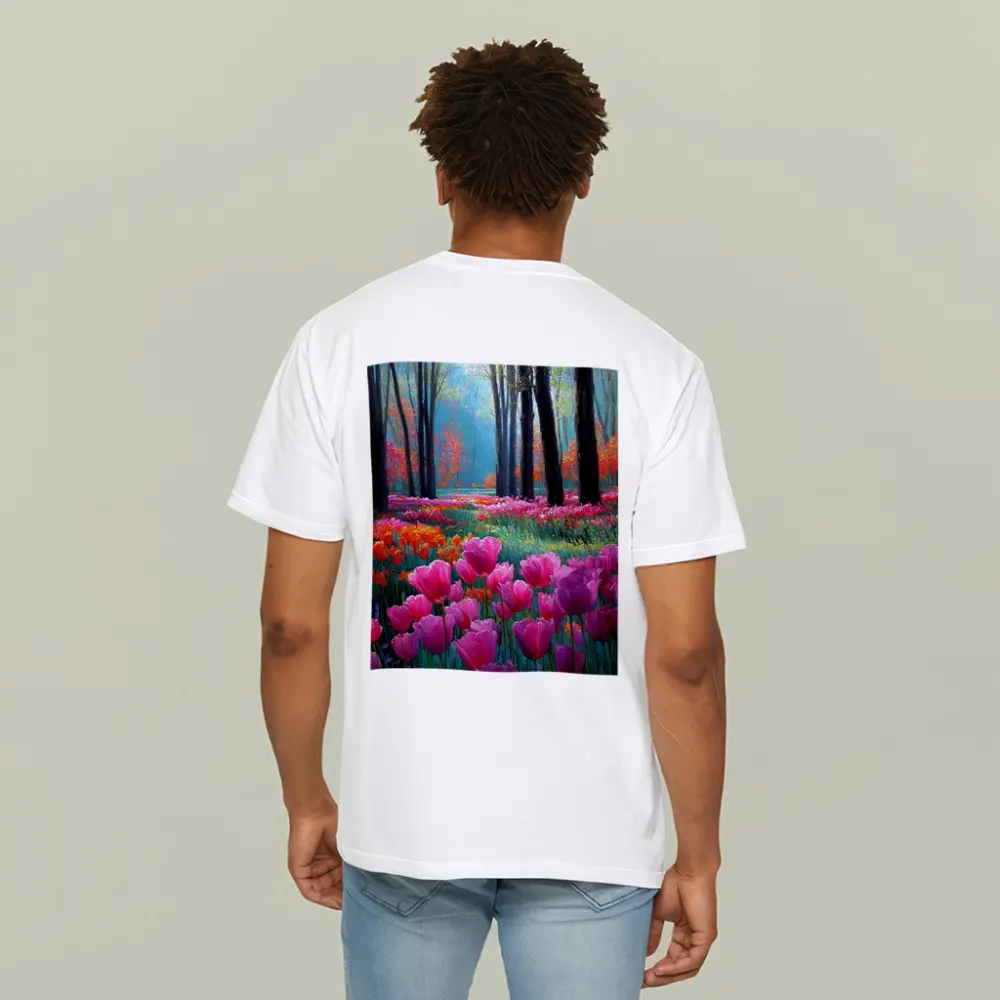 Pink Tulips Forest Path Oil Painting – T-Shirts