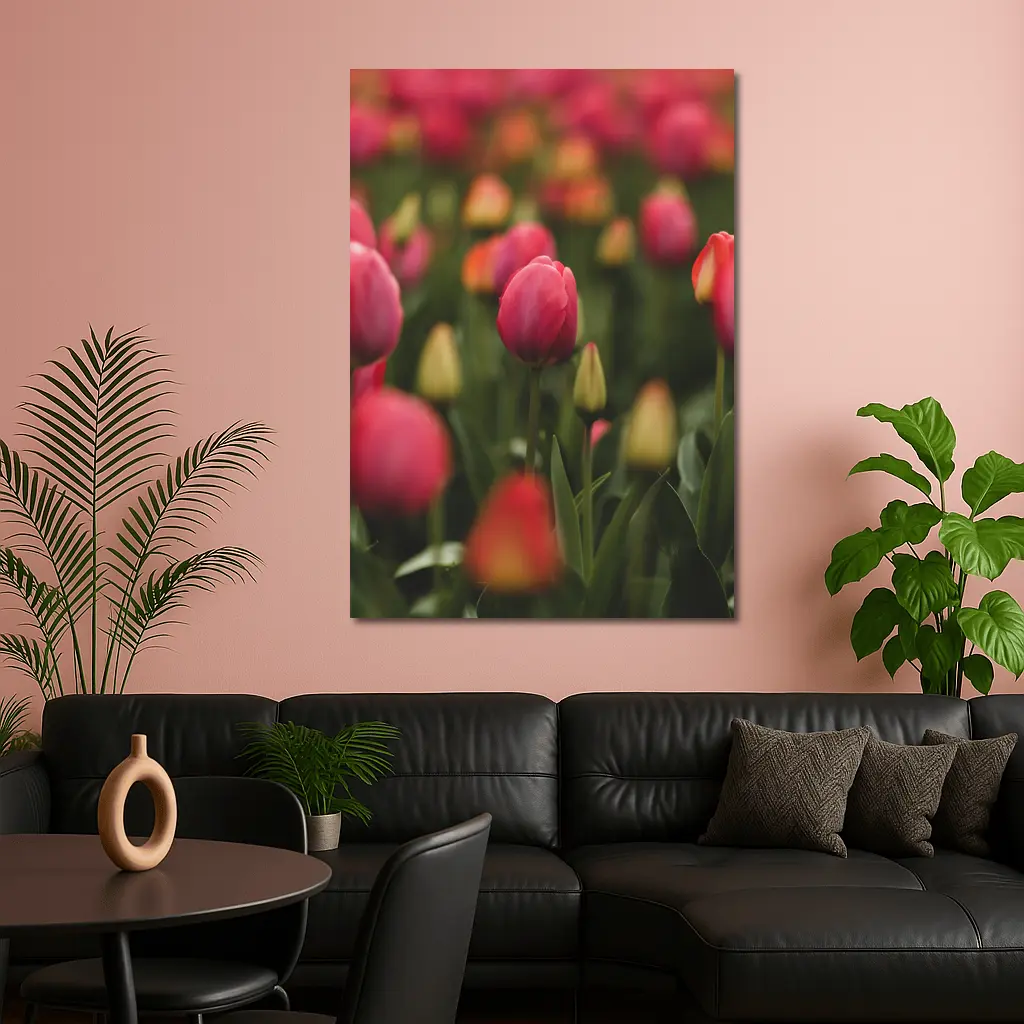 Pink Tulips Field Soft Green Background – Wall Art