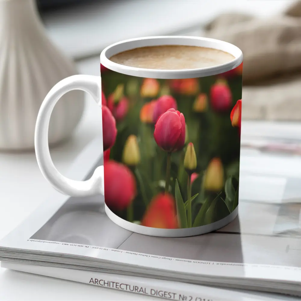 Pink Tulips Field Soft Green Background – Mugs