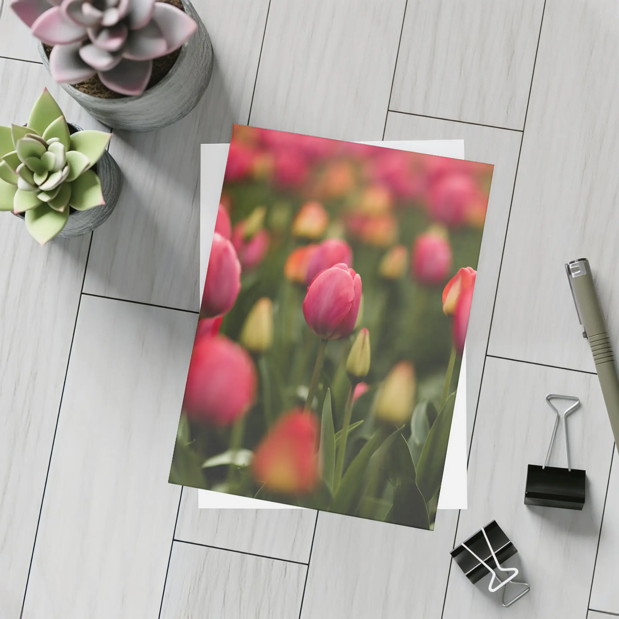 Pink Tulips Field Soft Green Background – Postcards