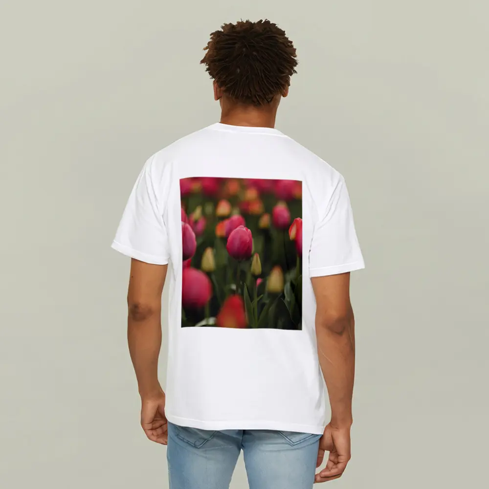 Pink Tulips Field Soft Green Background – T-Shirts