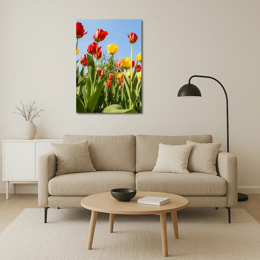 Red Yellow Tulips Against Blue Sky – Wall Art