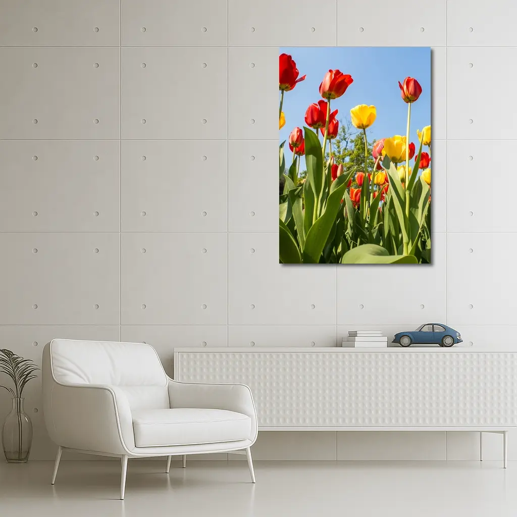 Red Yellow Tulips Against Blue Sky – Wall Art