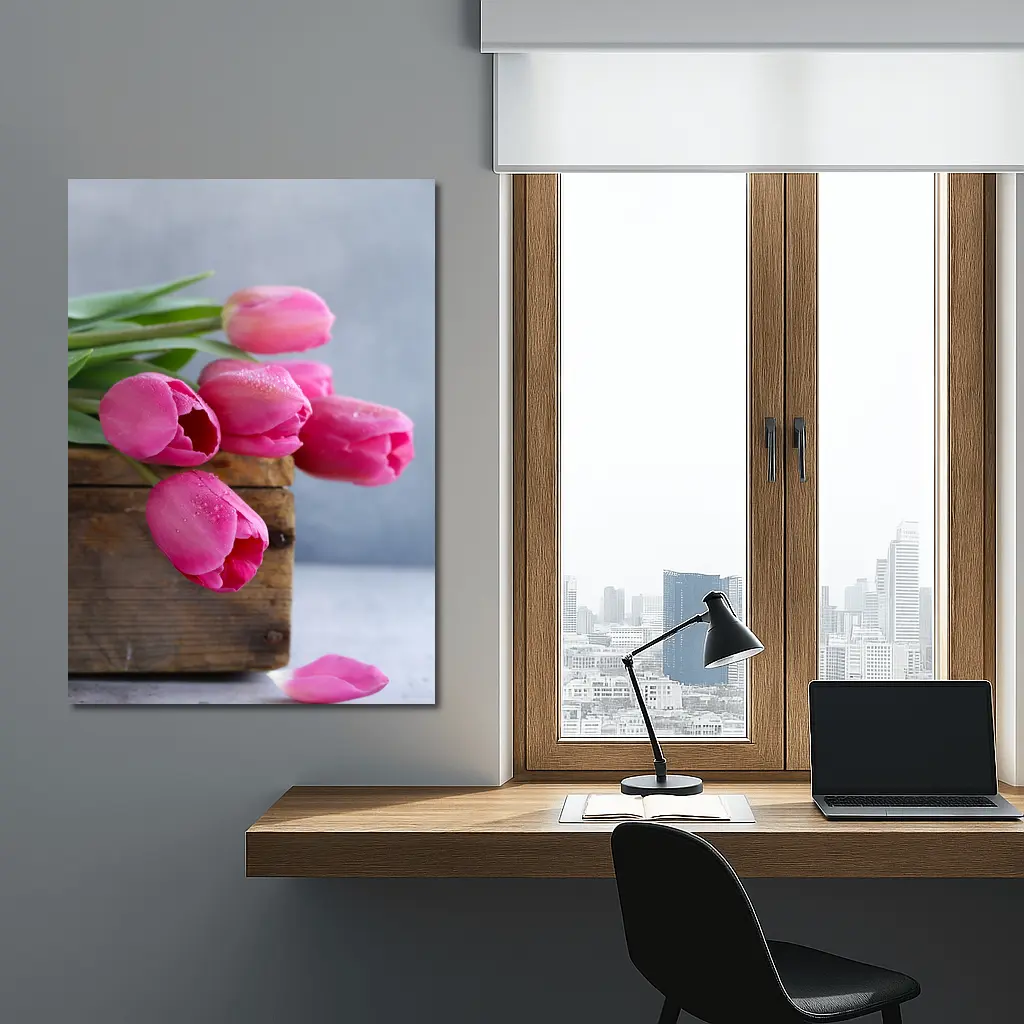 Pink Tulips in Rustic Wooden Box – Wall Art