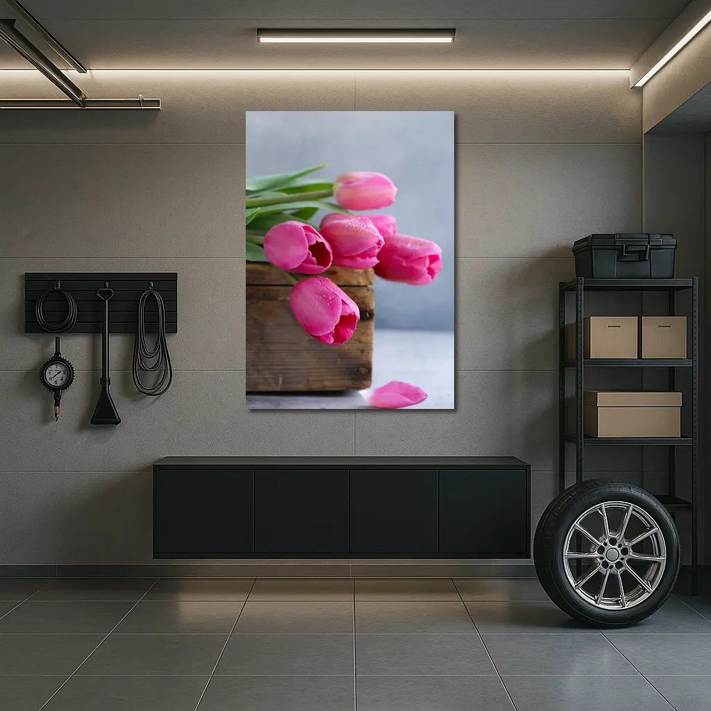 Pink Tulips in Rustic Wooden Box – Wall Art