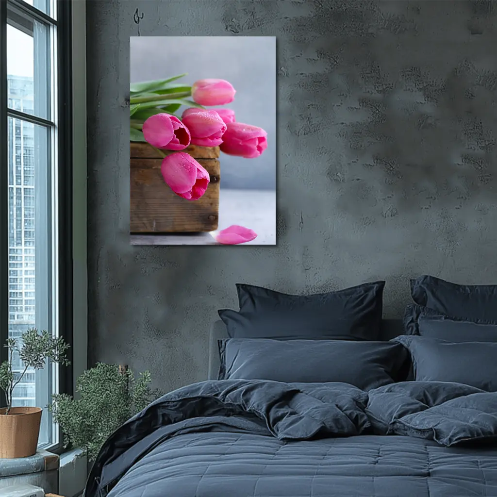 Pink Tulips in Rustic Wooden Box – Wall Art