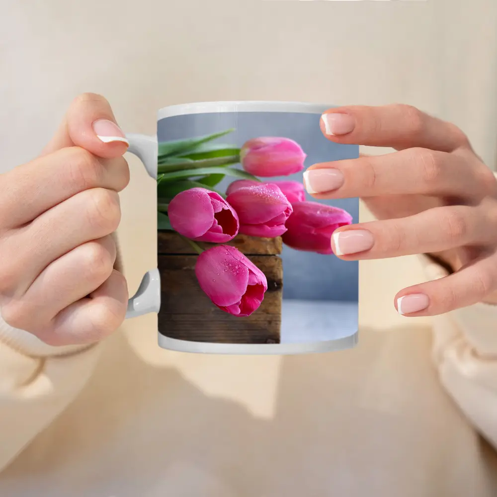 Pink Tulips in Rustic Wooden Box – Mugs