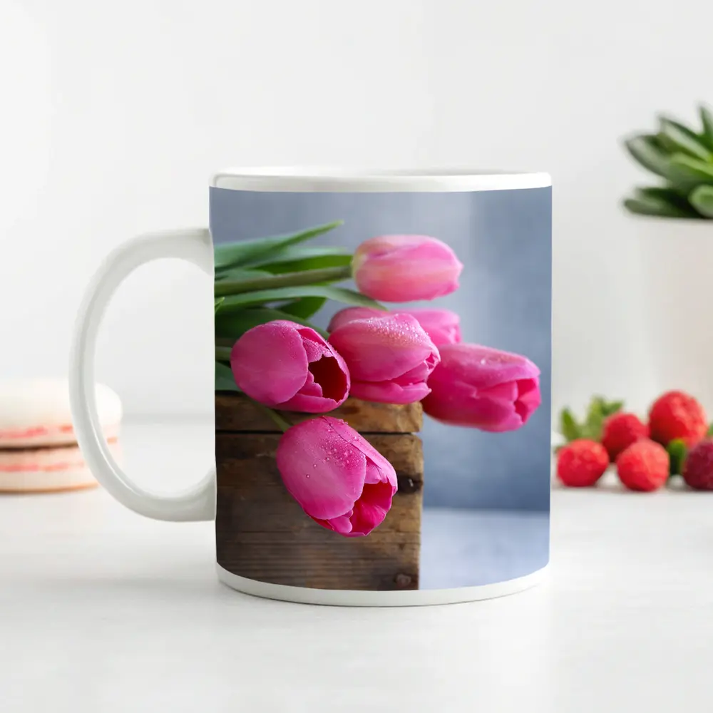 Pink Tulips in Rustic Wooden Box – Mugs