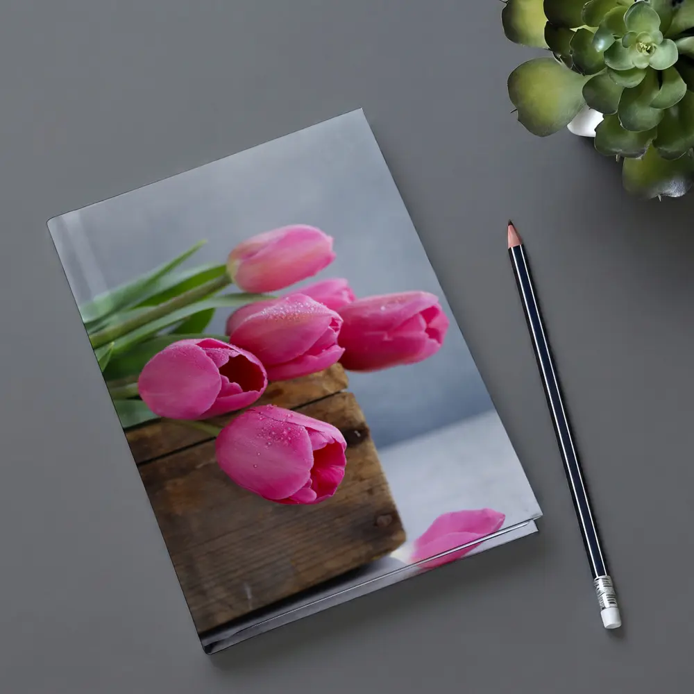 Pink Tulips in Rustic Wooden Box – Notebooks