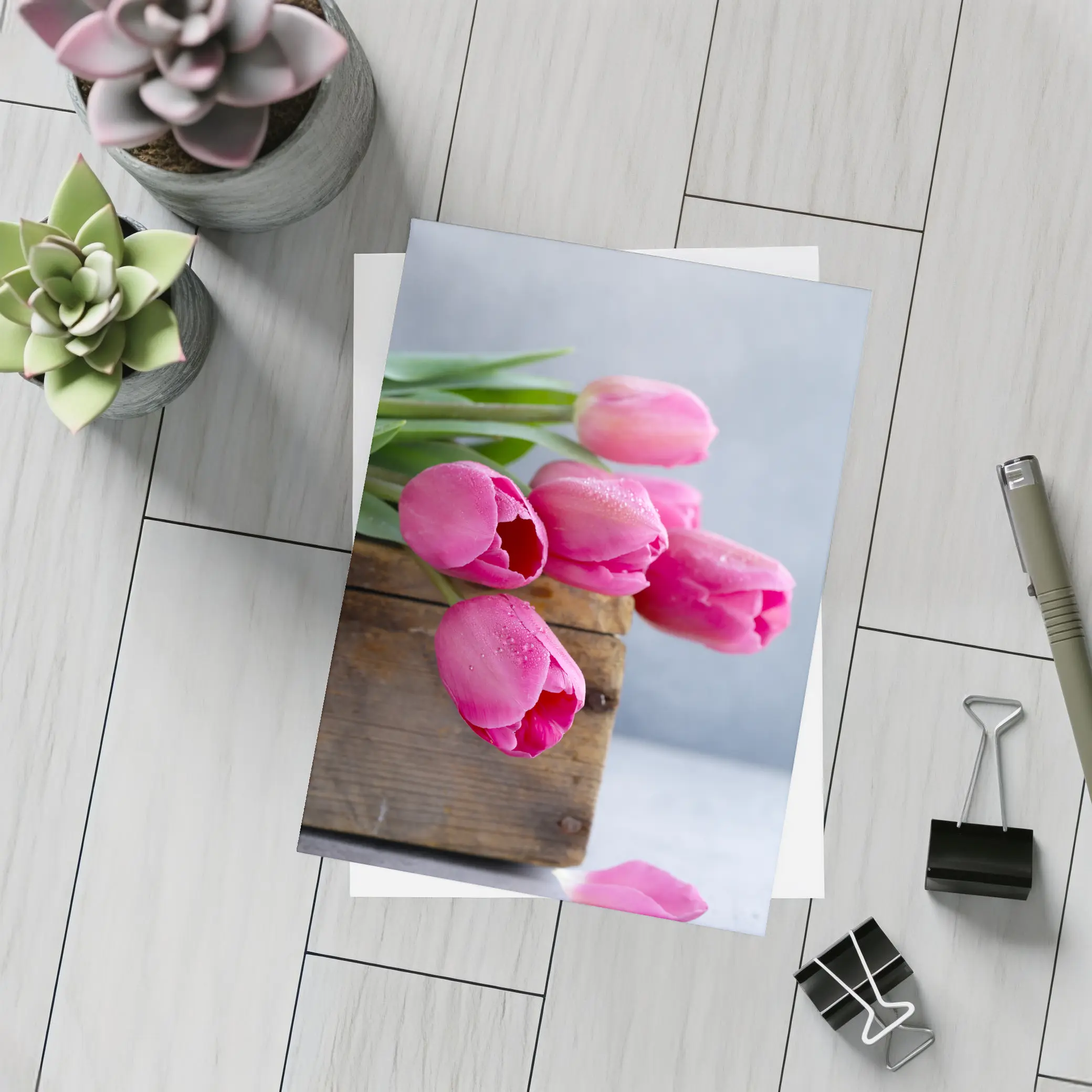Pink Tulips in Rustic Wooden Box – Postcards