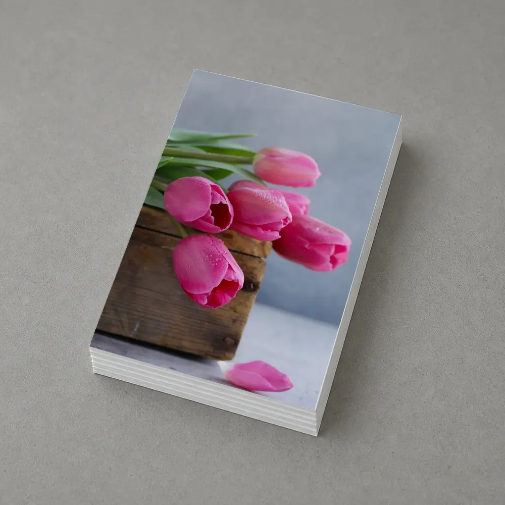 Pink Tulips in Rustic Wooden Box – Postcards