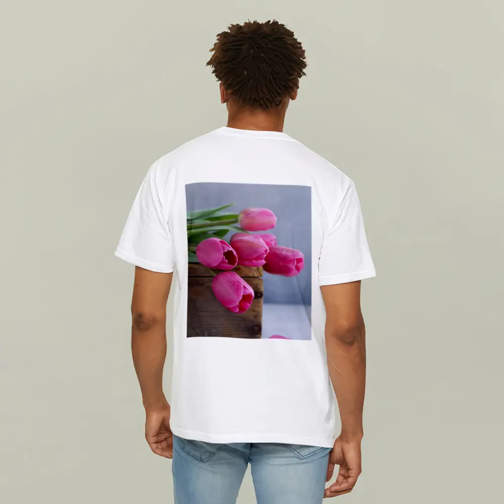 Pink Tulips in Rustic Wooden Box – T-Shirts