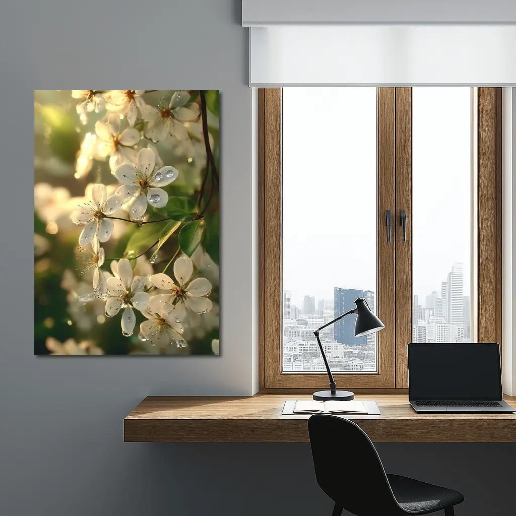 White Cherry Blossoms With Morning Dew Drops – Wall Art