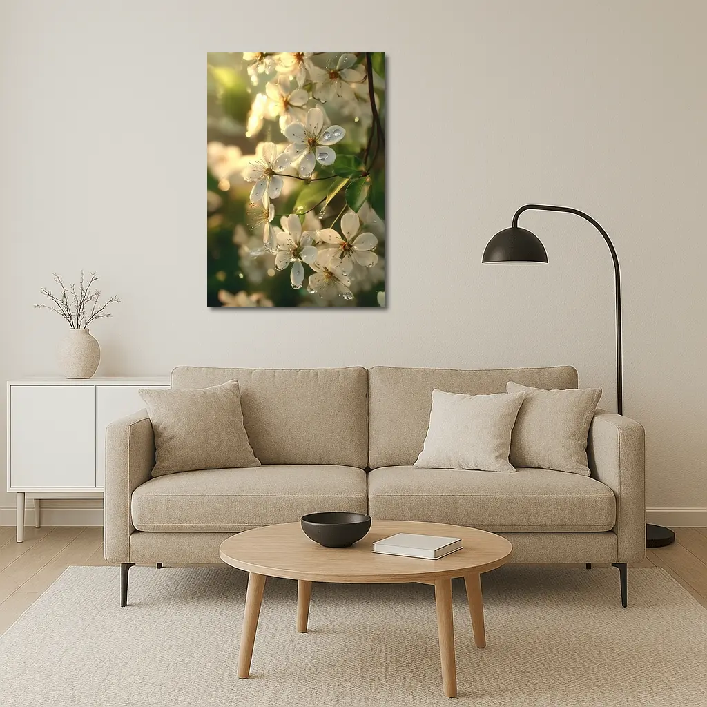 White Cherry Blossoms With Morning Dew Drops – Wall Art