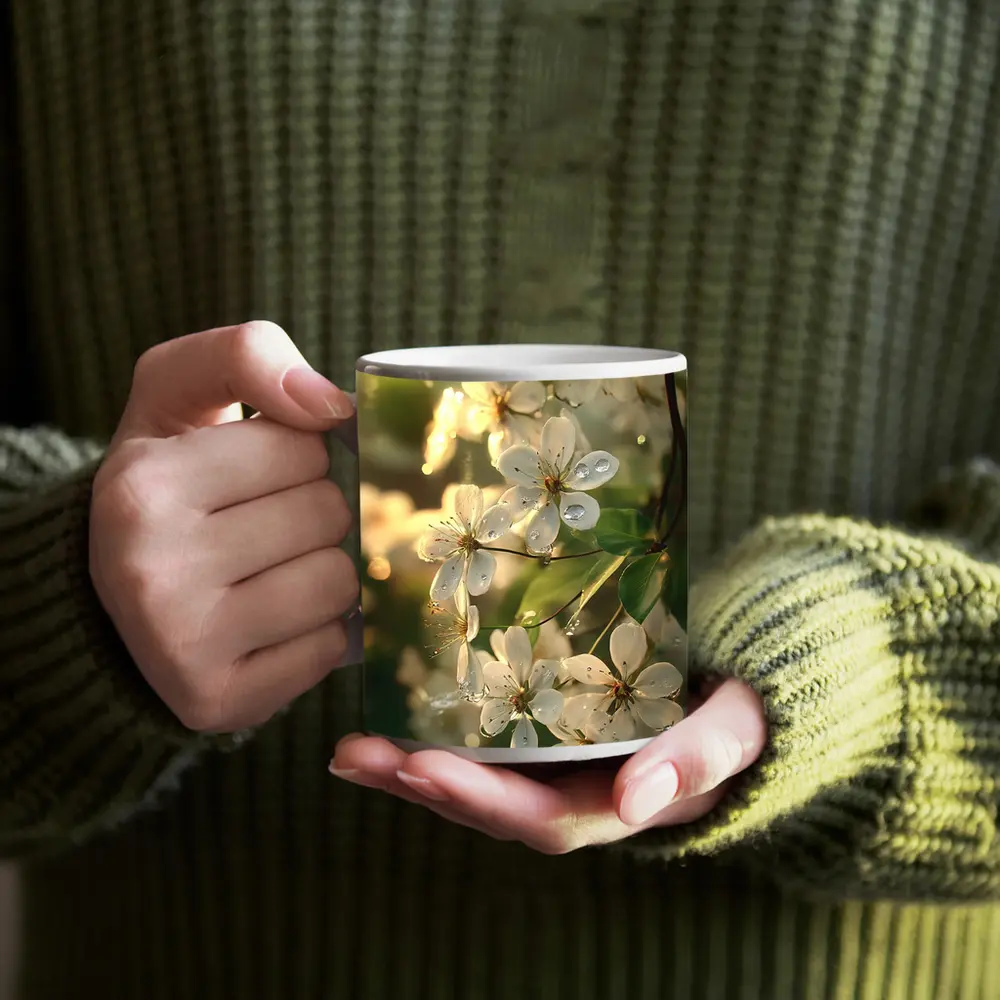 White Cherry Blossoms With Morning Dew Drops – Mugs