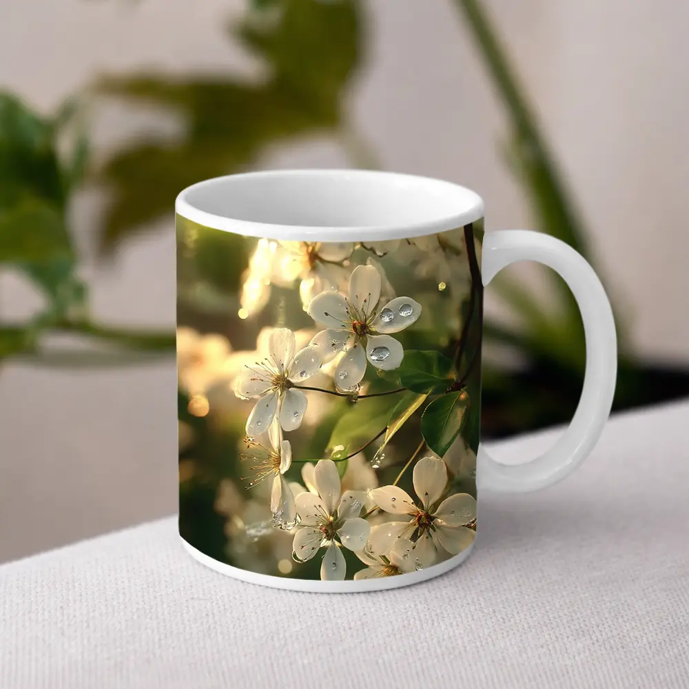 White Cherry Blossoms With Morning Dew Drops – Mugs