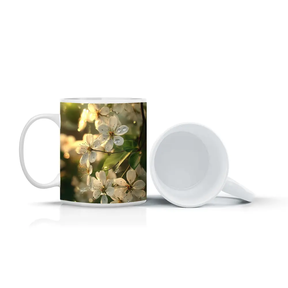 White Cherry Blossoms With Morning Dew Drops – Mugs